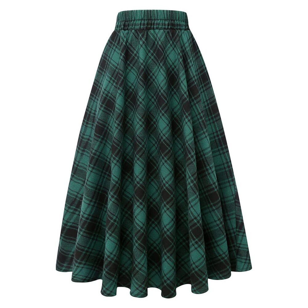 1565 High Waisted Skirts Trendy Aline Plaid Midi Skirt Green 02, L